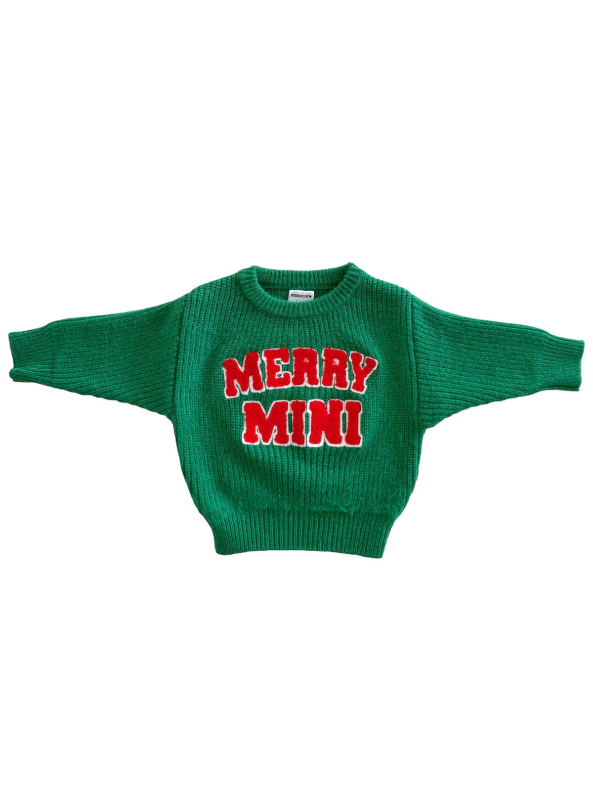 Green sweater with "MERRY MINI" in bold red letters on the front. Perfect for festive occasions.