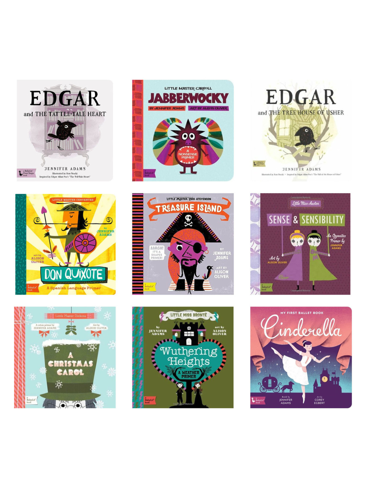 Nine illustrated children's books by Jennifer Adams, featuring classic titles in vibrant, colorful designs.