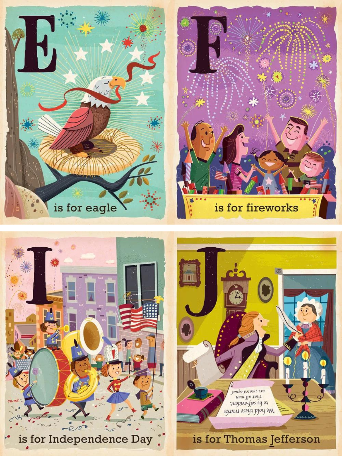 Four illustrated cards depicting "E for Eagle," "F for Fireworks," "I for Independence Day," and "J for Thomas Jefferson."