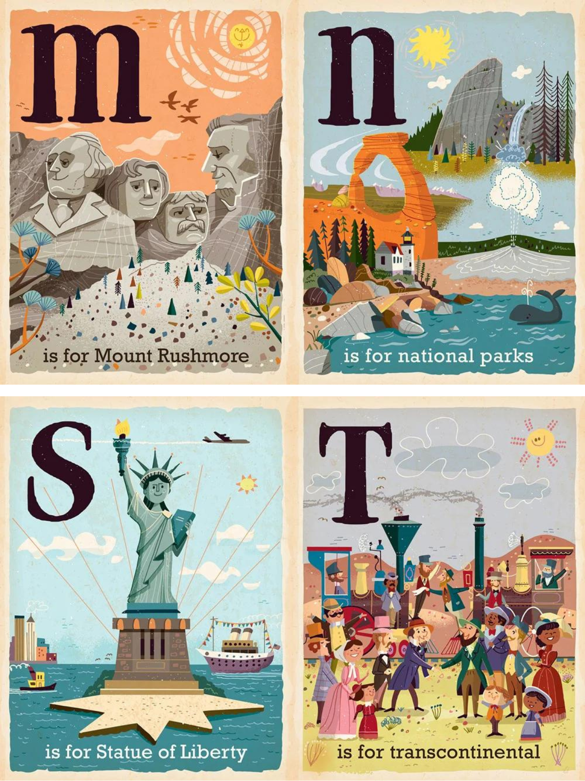 Illustrated educational poster featuring U.S. landmarks: Mount Rushmore, National Parks, Statue of Liberty, and Transcontinental.