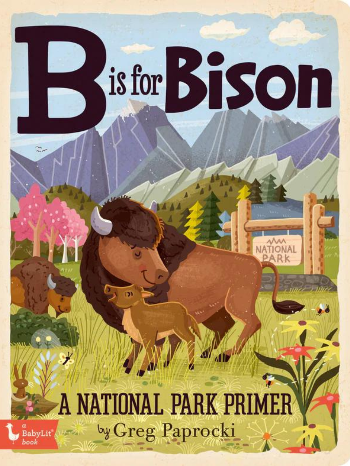 Illustration of bison and calf in a colorful landscape, featuring mountains and a national park sign.