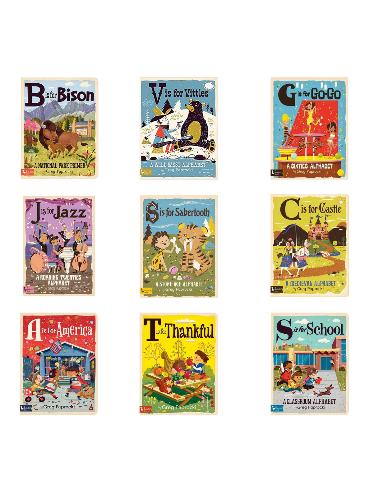 Nine colorful children's books featuring various alphabets, each showcasing unique themes and illustrations.