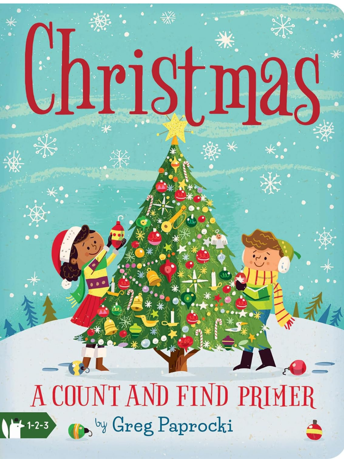 Colorful book cover featuring a Christmas tree, two kids decorating, and festive snowflakes. Title: "Christmas: A Count and Find Primer."