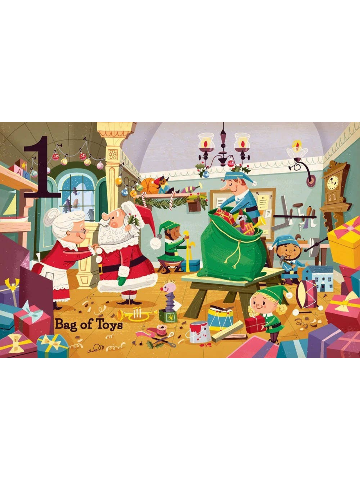 Illustration of Santa and Mrs. Claus with elves in a toy workshop, surrounded by colorful gifts and a big green bag.