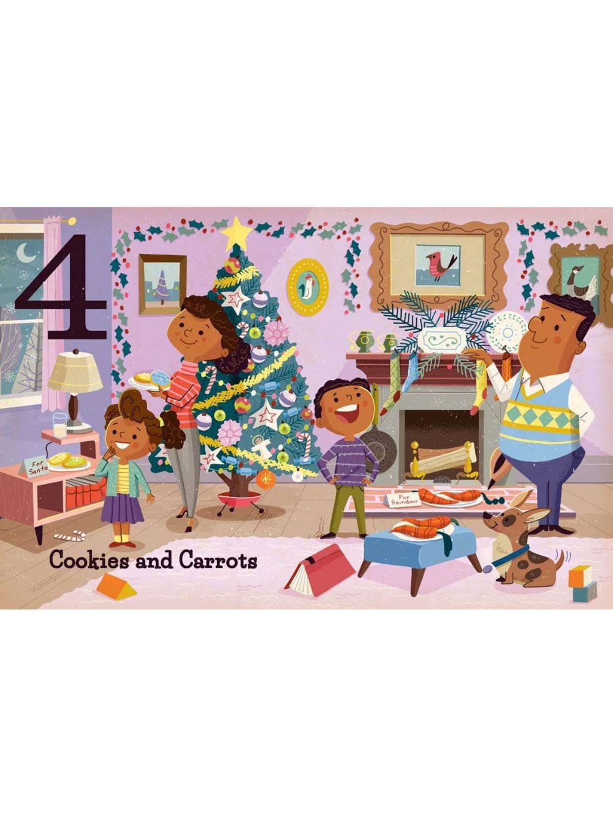 Cheerful family around a decorated Christmas tree, with cookies and carrots in a cozy living room.