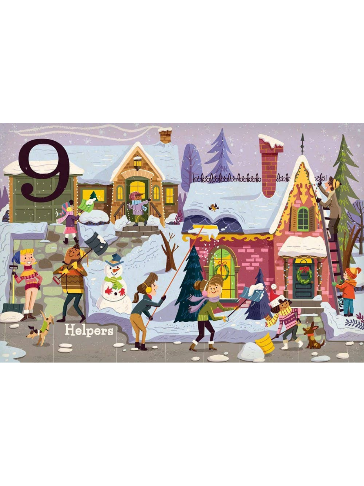 Nine cheerful helpers shoveling snow and decorating homes in a winter wonderland scene.