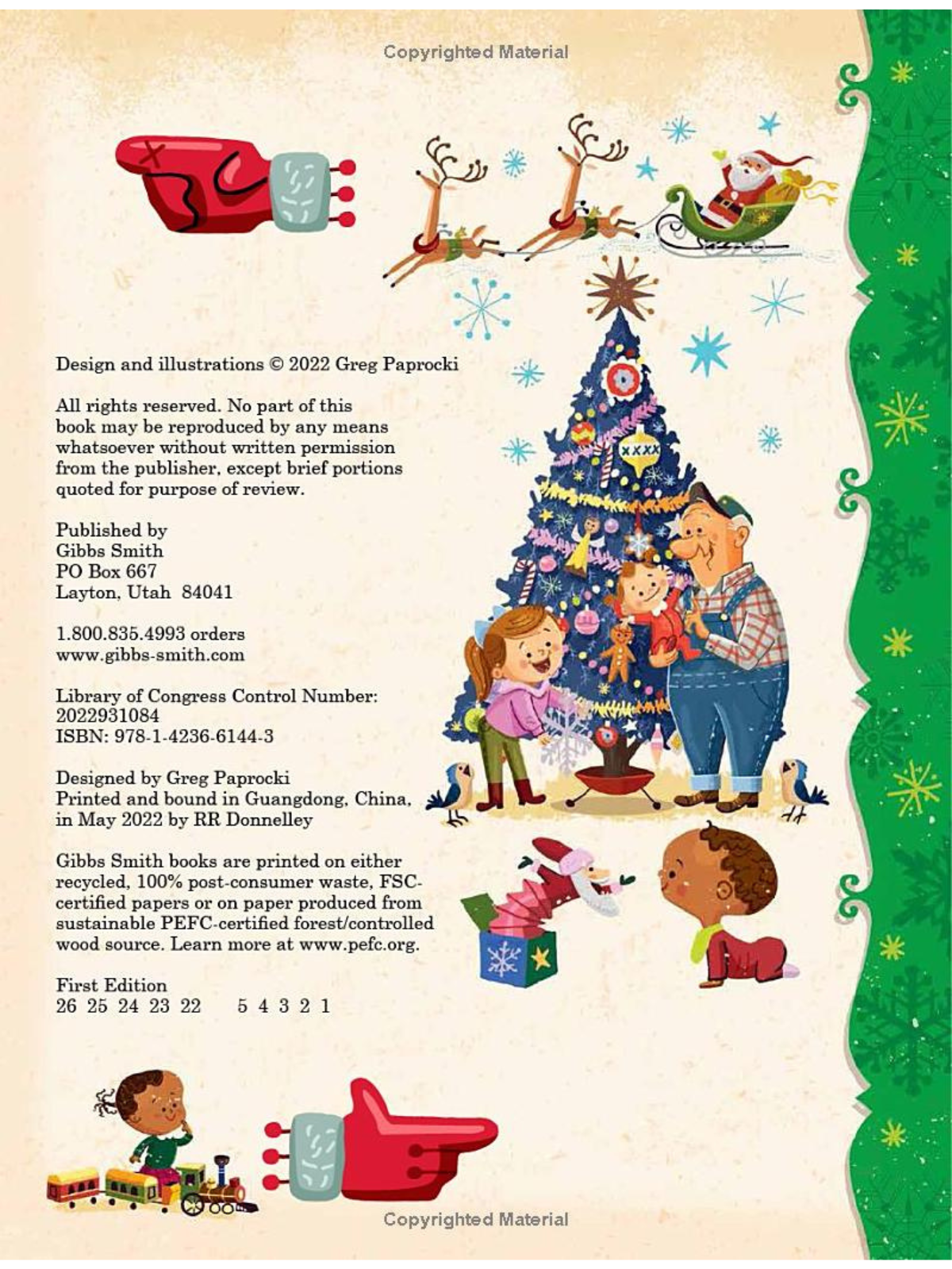Christmas-themed book cover featuring a decorated tree, joyful characters, and festive illustrations.