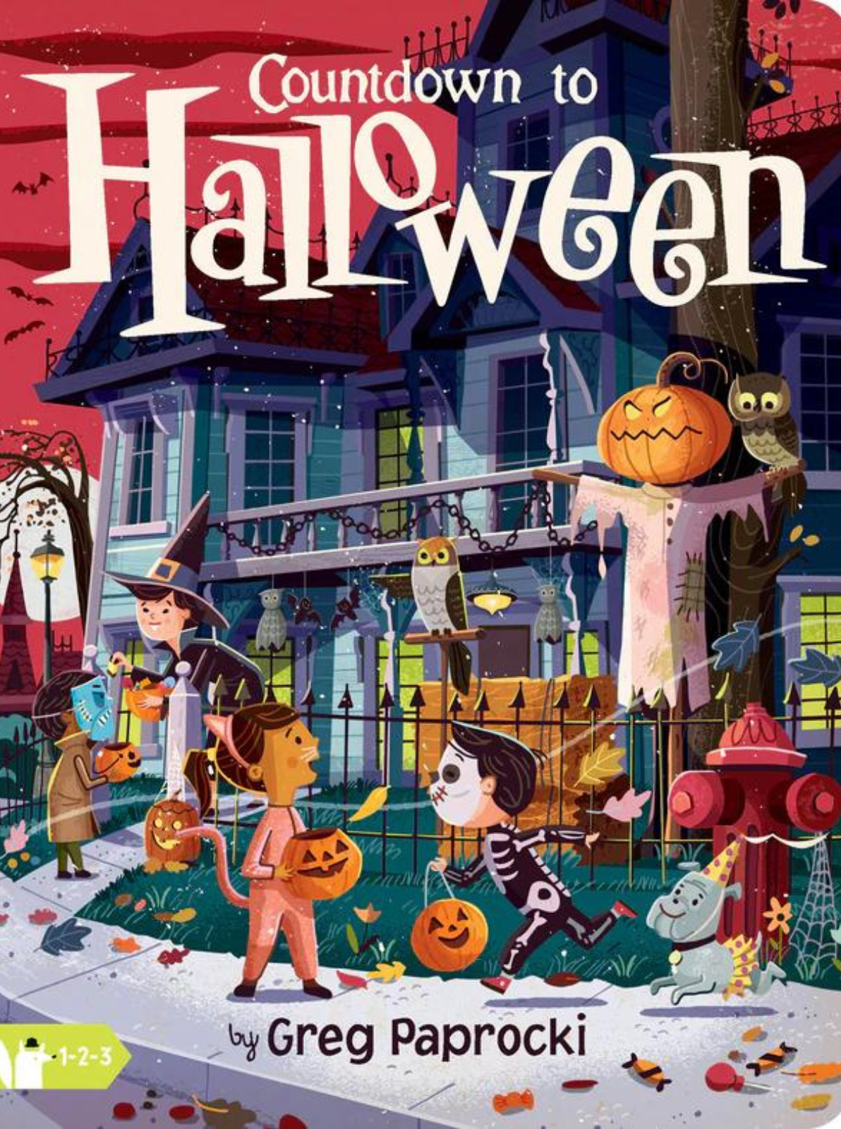 Children in costumes celebrate Halloween outside a house, holding pumpkins amid autumn leaves and festive decorations.
