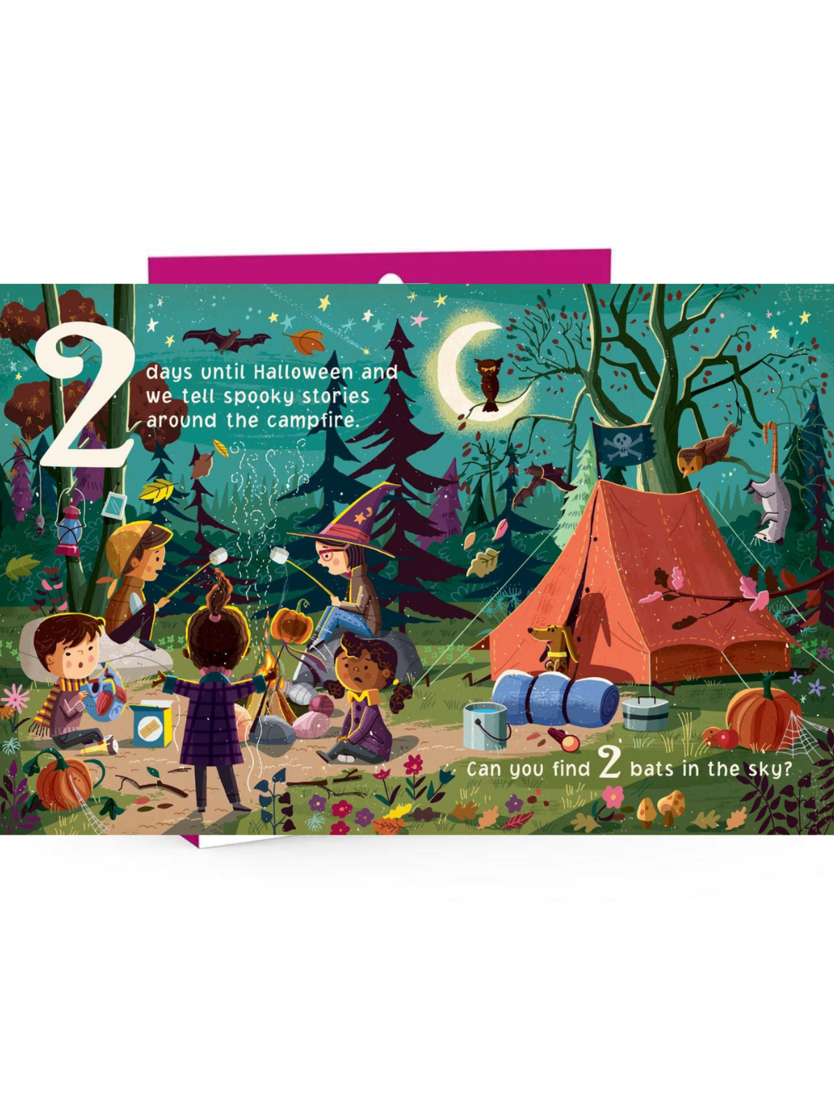 Children gather around a campfire, telling spooky stories with decorations and wildlife in a festive Halloween setting.