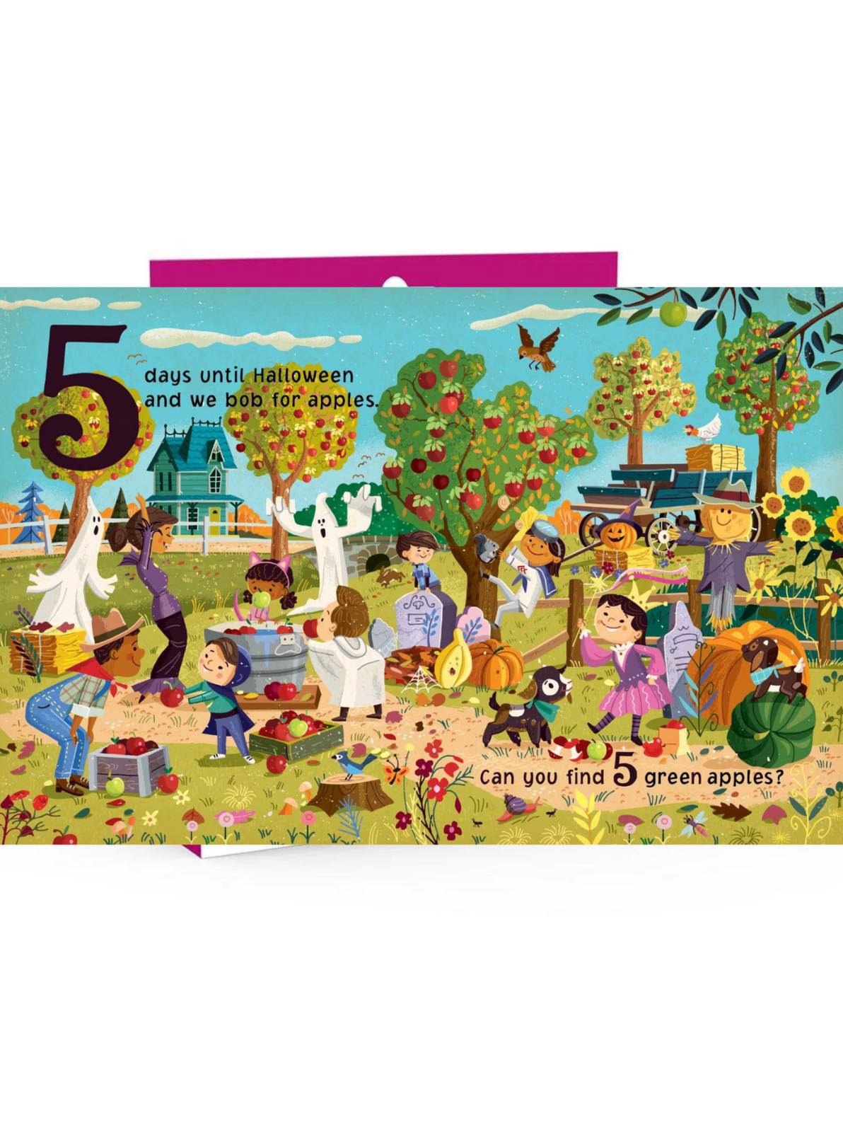 Colorful autumn scene with children, ghosts, and animals enjoying apple bobbing and Halloween activities.