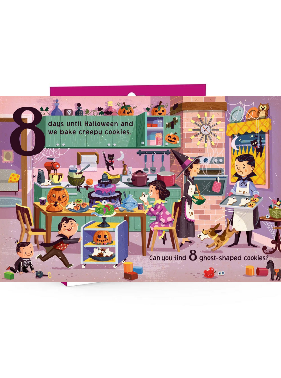 Colorful Halloween kitchen scene with characters baking cookies; text promotes a ghost cookie hunt.