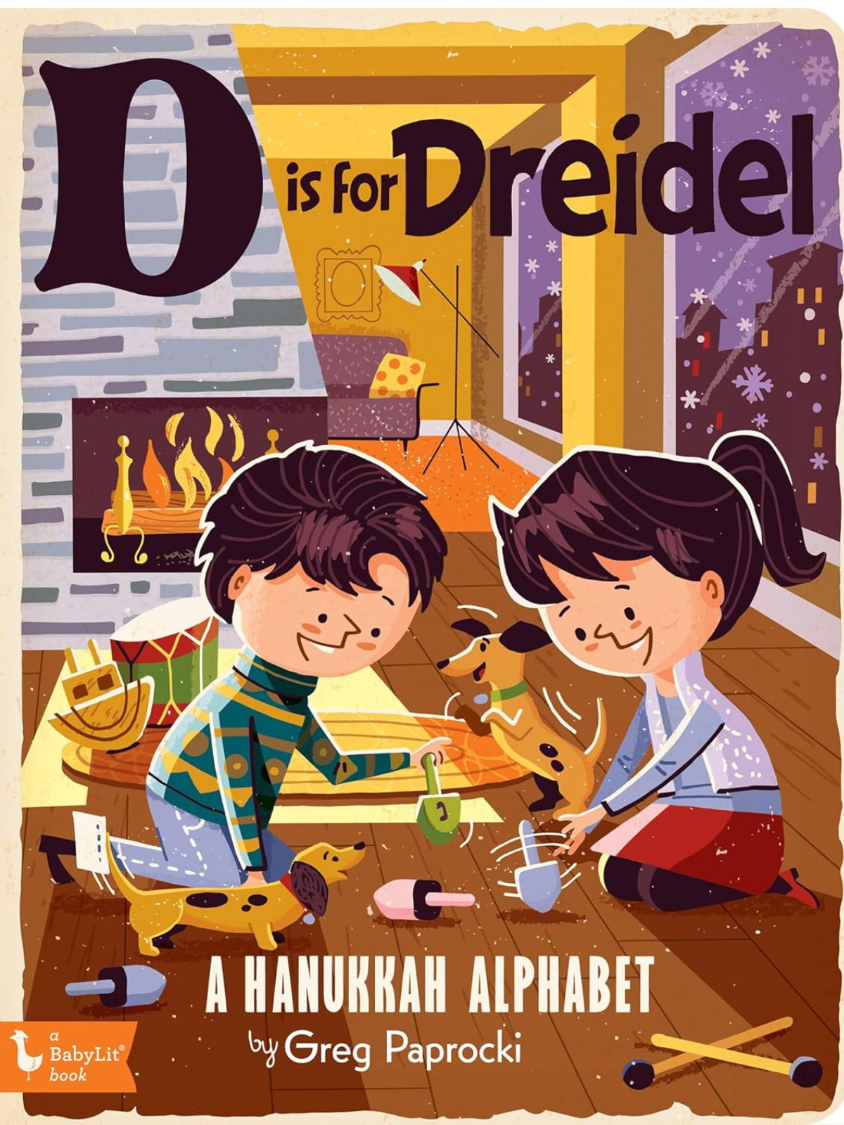 Children playing with dreidels and dogs in a cozy room, highlighting "D is for Dreidel" from a Hanukkah alphabet book.