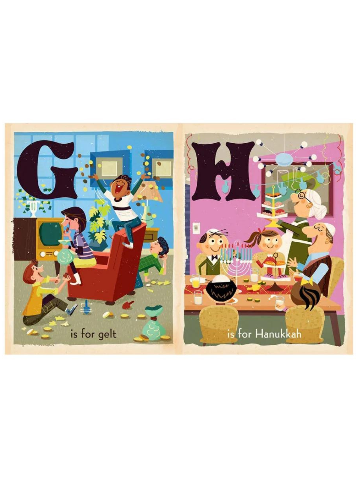 Illustration featuring children celebrating Hanukkah with gelt and menorah, labeled "G is for gelt" and "H is for Hanukkah."