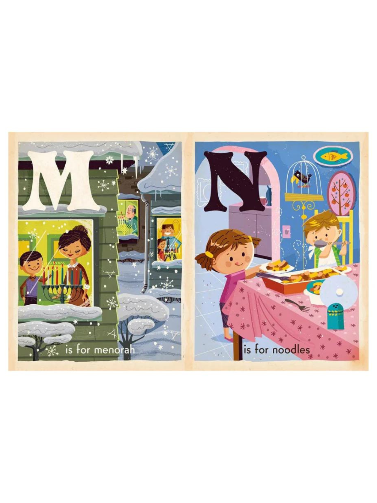 Children's illustration with text: "M is for menorah" and "N is for noodles," featuring winter scenes.