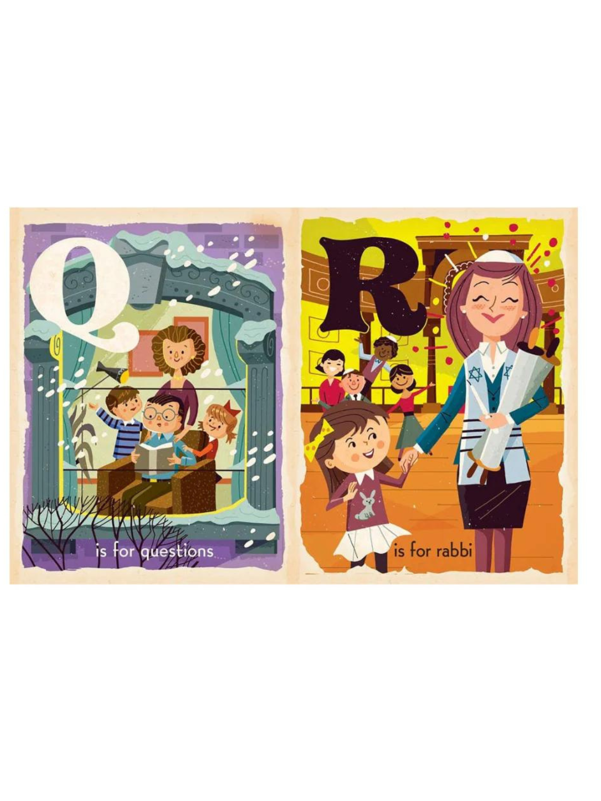 Illustration of letters Q and R with children, snow, and a rabbi, depicting "Q is for questions" and "R is for rabbi."