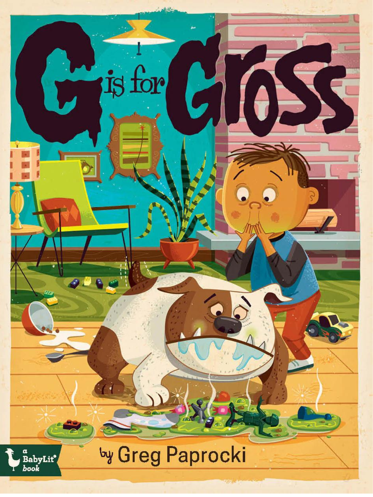 A surprised boy watches a dog eating messy, colorful food on a dirty floor, with the title "G is for Gross" displayed prominently.