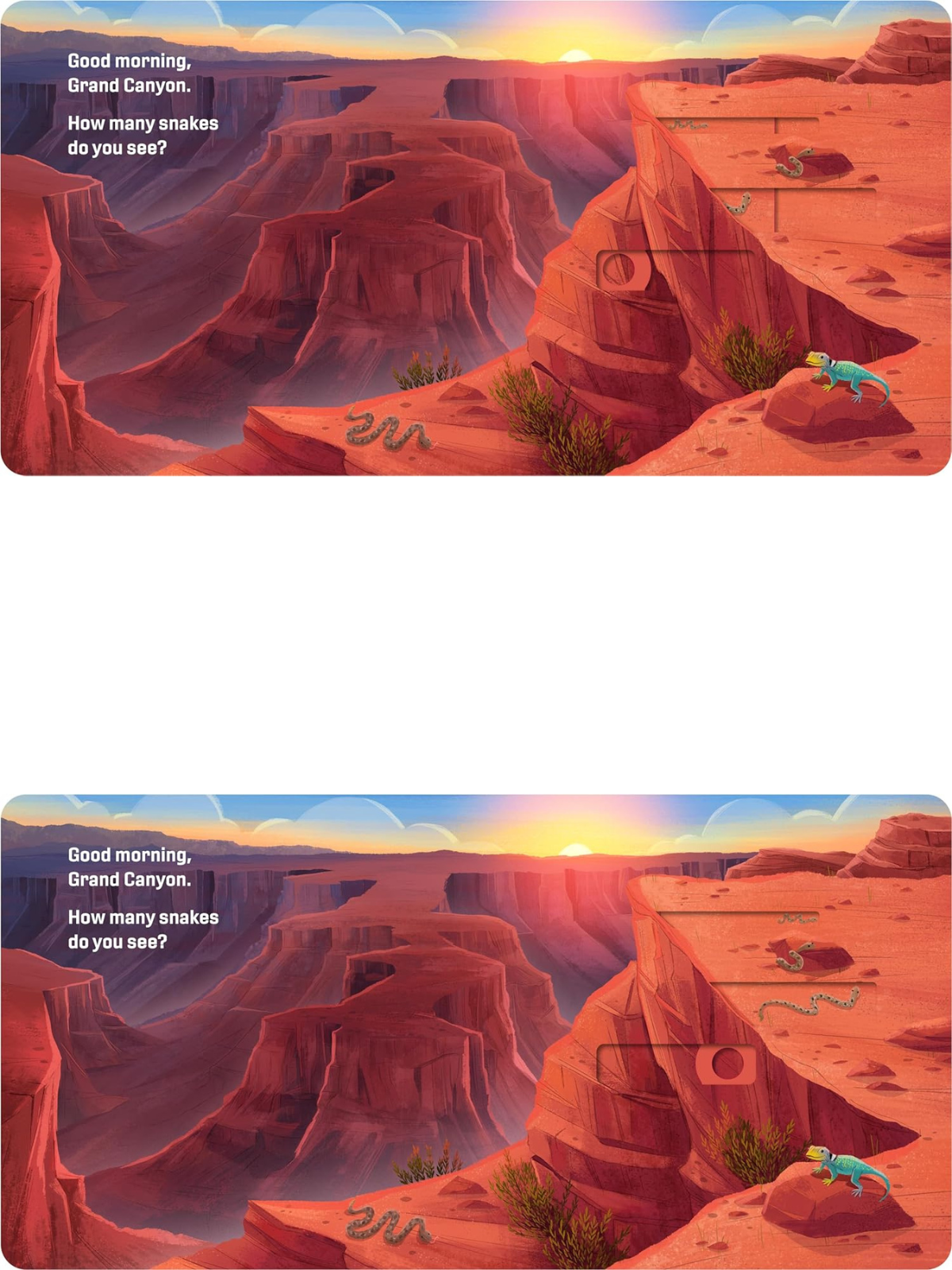 Illustration of Grand Canyon at sunrise with snakes and lizards; text asks how many snakes are visible.
