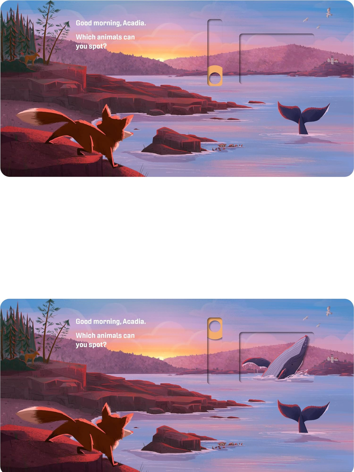 Illustration of a fox by the shore, with a sunset over a bay and a whale breaching in the distance.