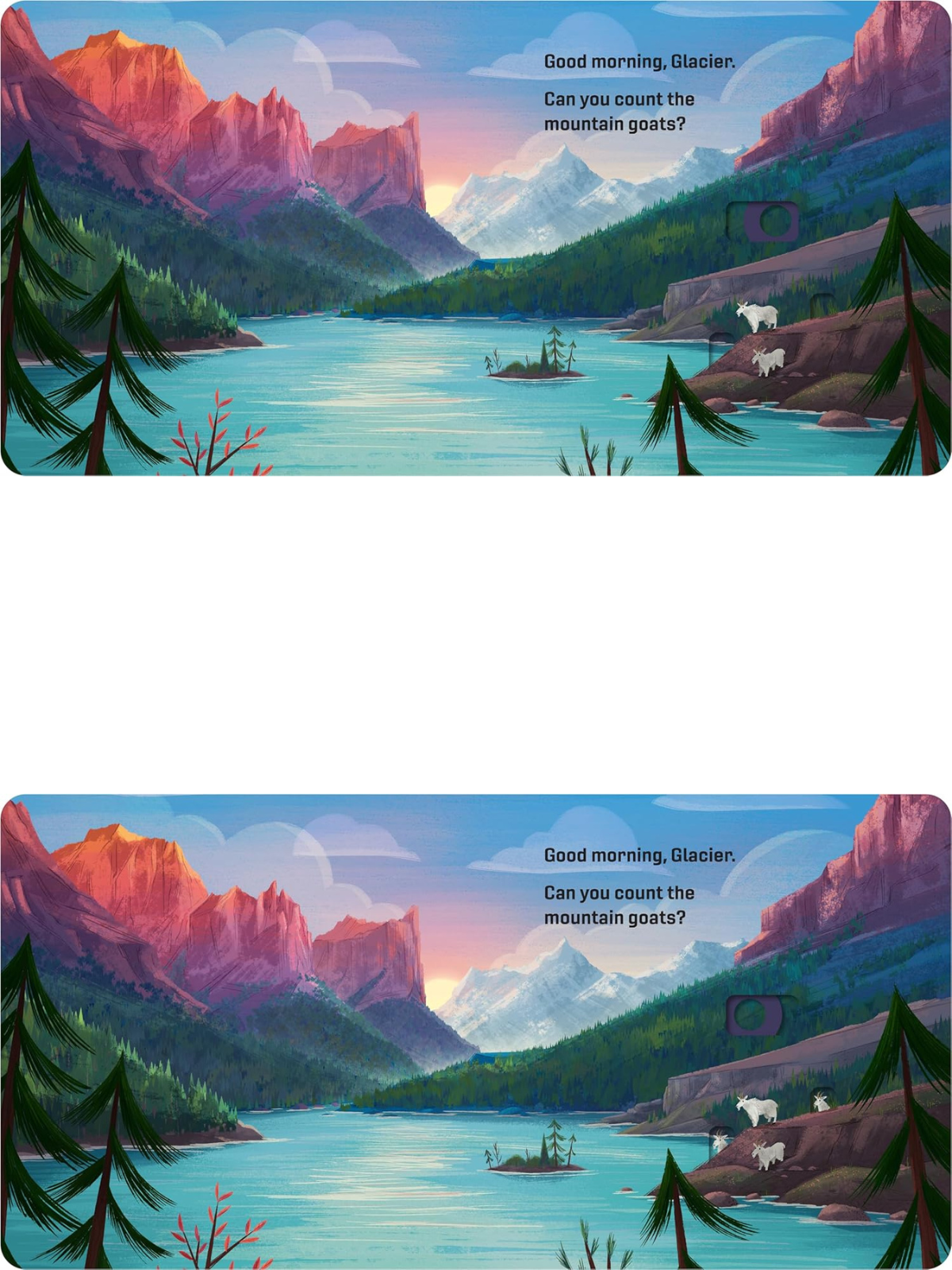 Colorful landscape of Glacier National Park with mountain goats by the water and text asking about counting them.