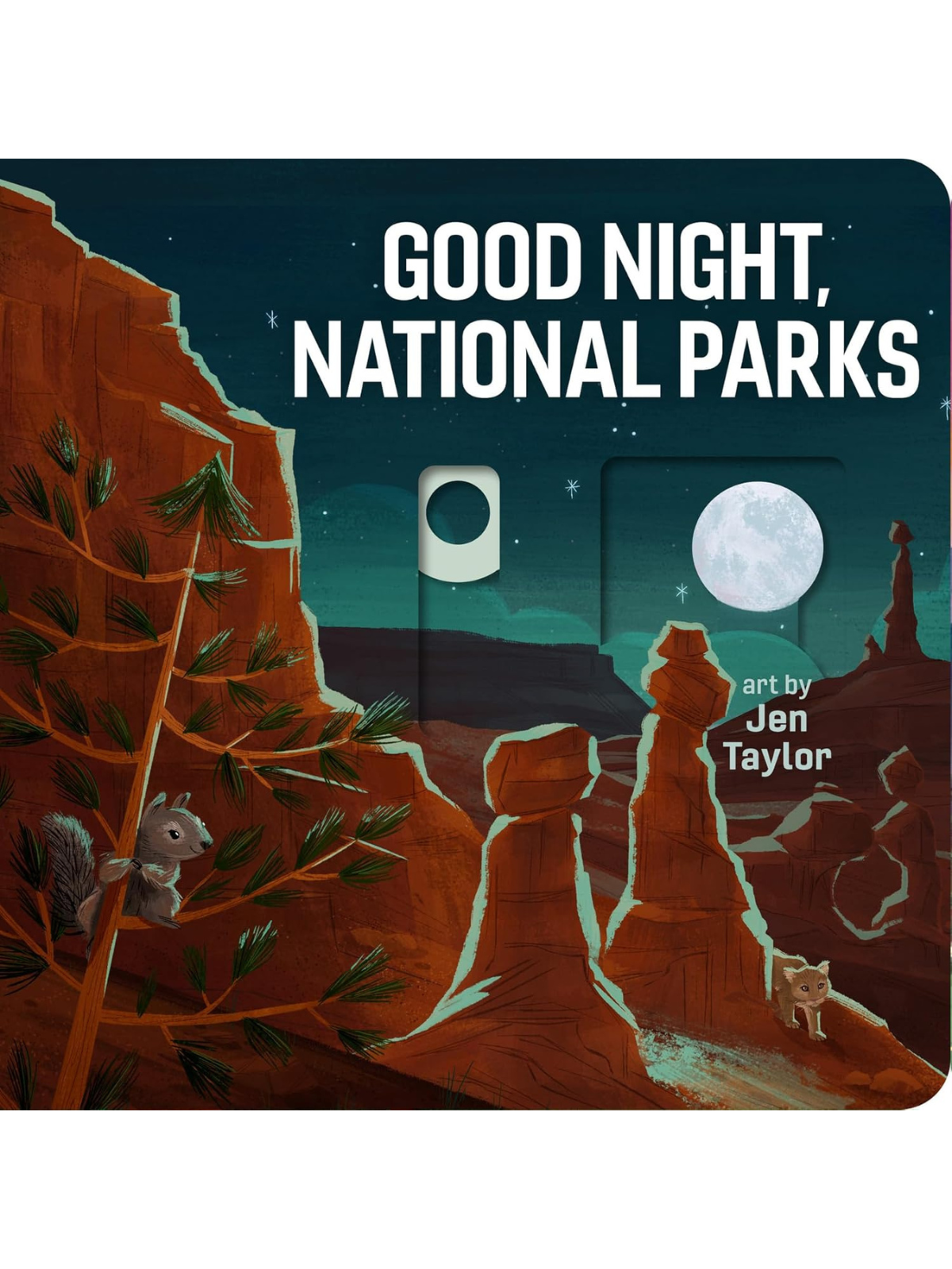 Cover of "Good Night, National Parks" featuring a squirrel and a fox among scenic rock formations and a moonlit sky.