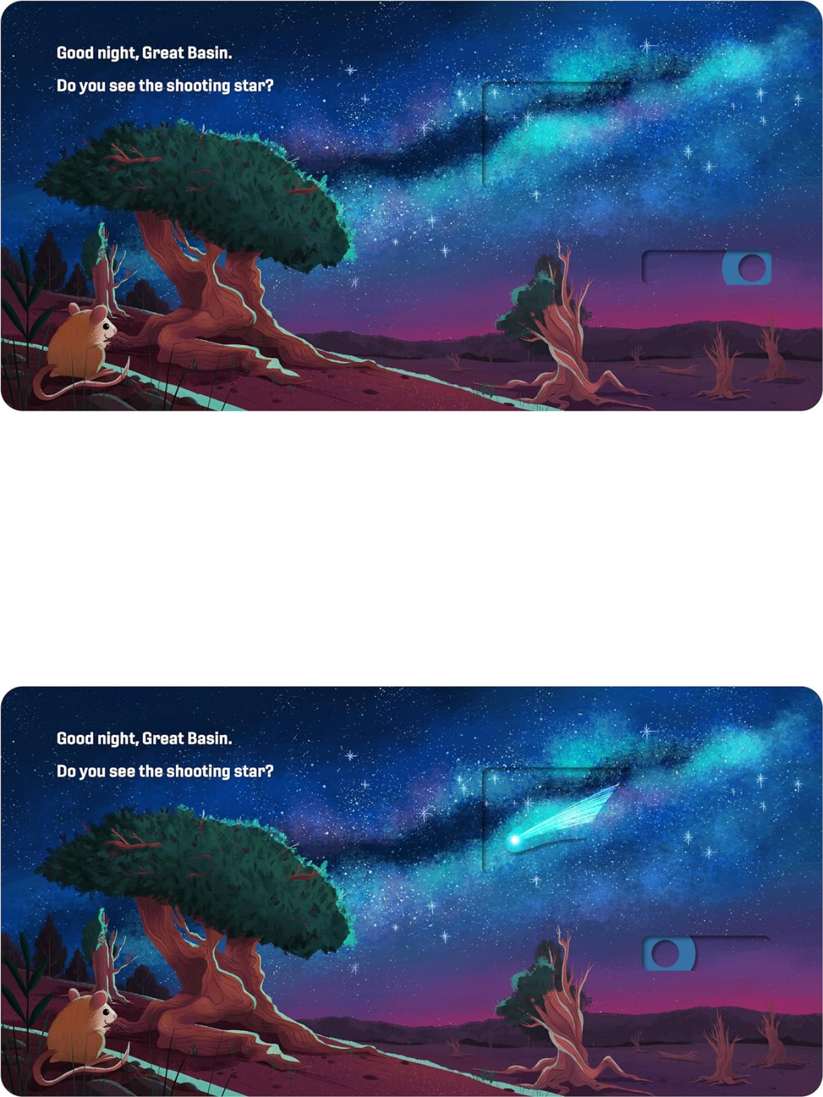 Illustration of a night sky over Great Basin with stars and a shooting star, featuring a mouse and trees.