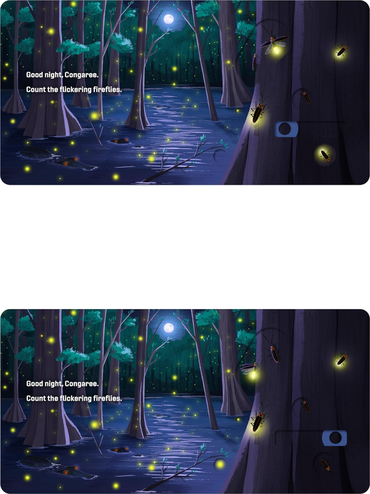 Nighttime scene in Congaree with glowing fireflies by a calm waterway and a full moon above.