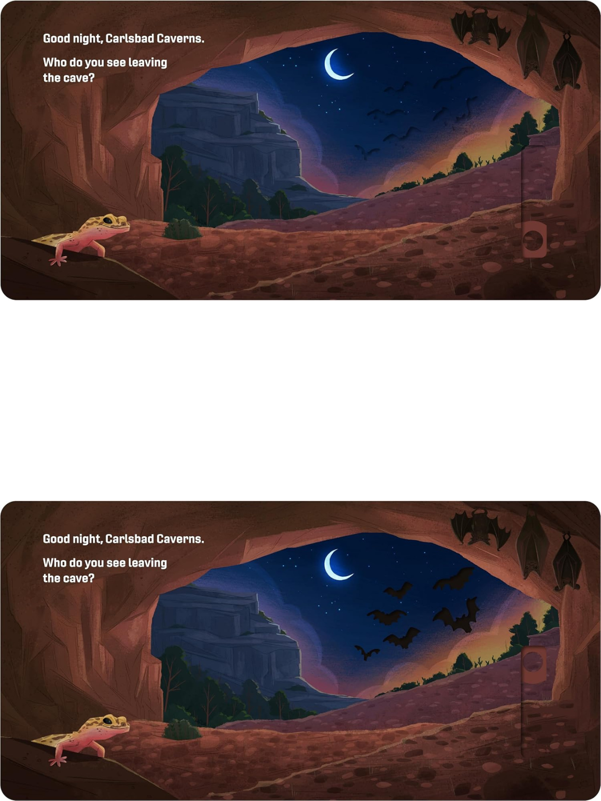 Illustration of Carlsbad Caverns at night, featuring a gecko and bats flying out under a crescent moon.
