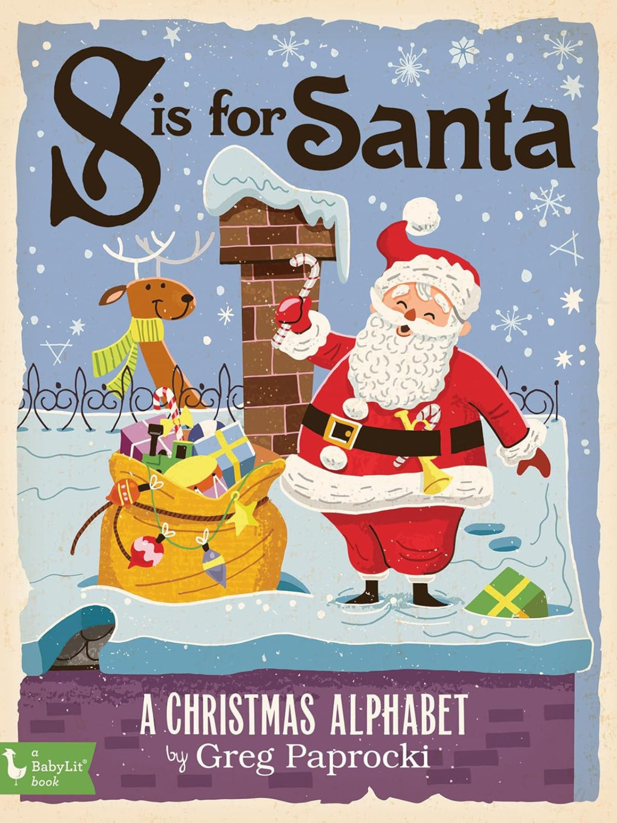 Cover of "A Christmas Alphabet" showing Santa Claus, a reindeer, and colorful gifts in a snowy scene.