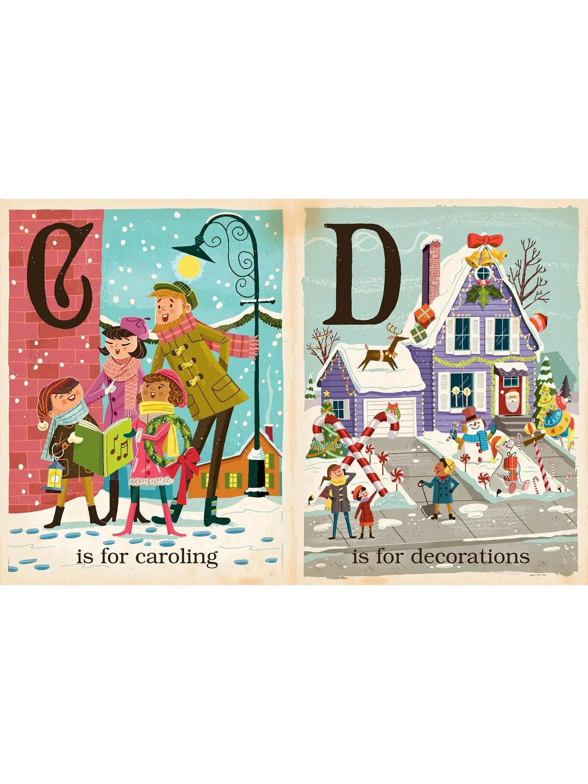 Colorful winter scene illustrating caroling on one side and festive decorations on a house on the other.