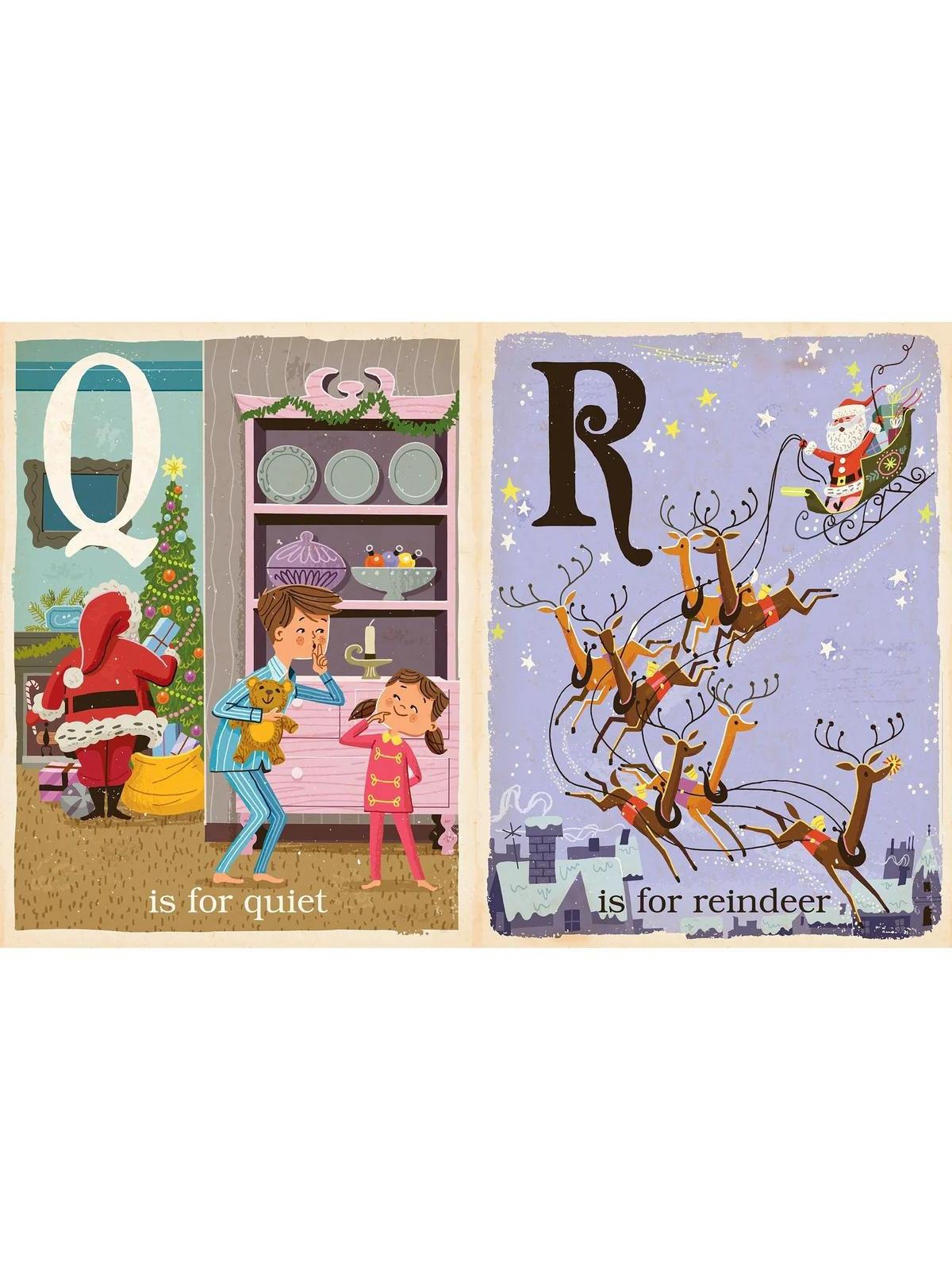Illustrated pages showing "Q is for quiet" and "R is for reindeer" with festive holiday themes and characters.