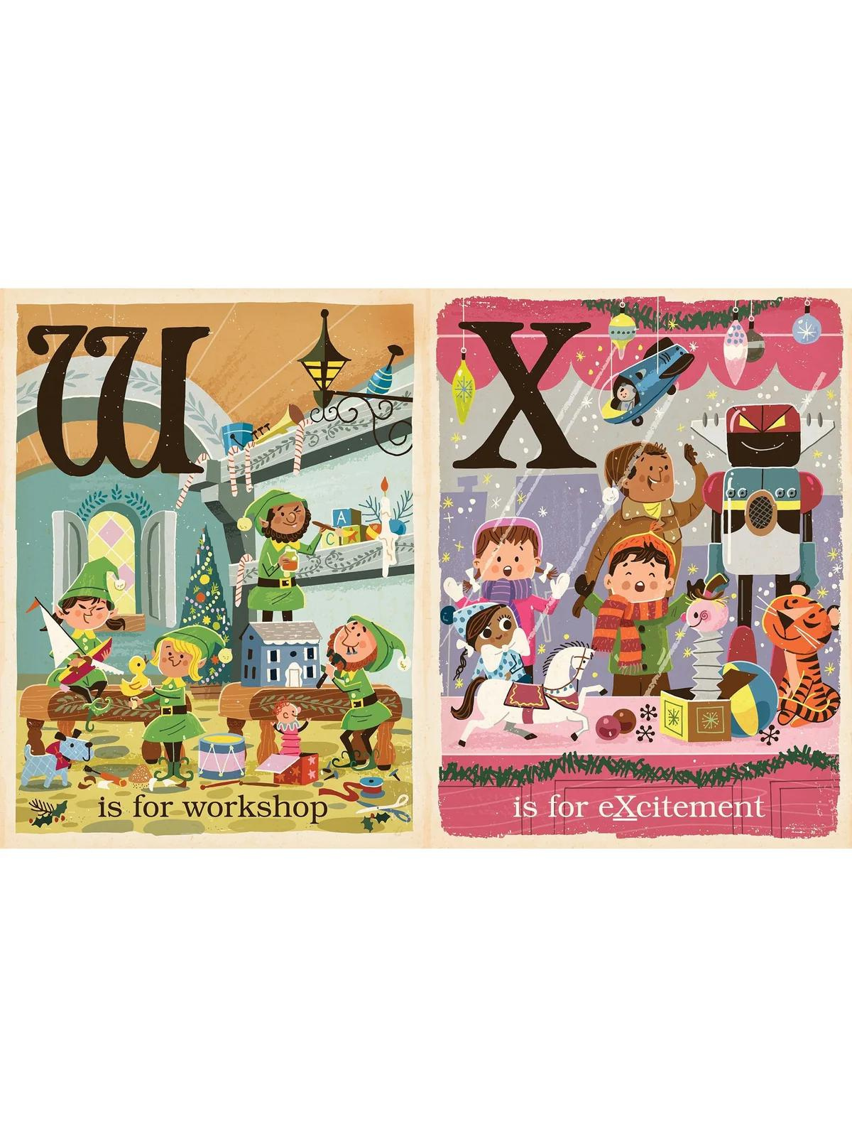 Illustration featuring "U is for workshop" and "X is for eXcitement" with children and festive scenes.