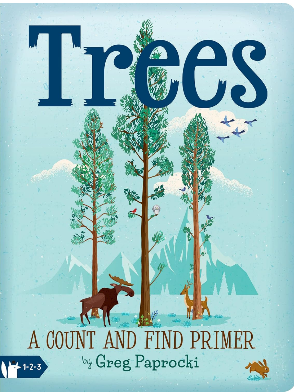 Book cover titled "Trees: A Count and Find Primer" by Greg Paprocki, featuring illustrated trees and animals in nature.