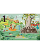 Illustration of a mangrove tree with animals, people in boats, and vibrant greenery, labeled "Mangrove Tree."