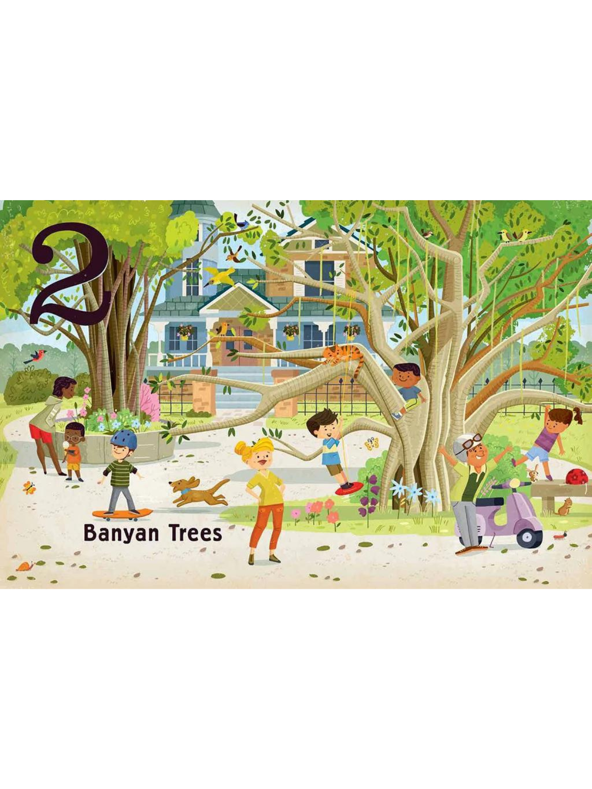 Children playing around a large banyan tree near a house, with colorful plants and animals. Number 2 highlighted.
