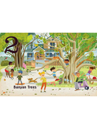 Children playing around a large banyan tree near a house, with colorful plants and animals. Number 2 highlighted.