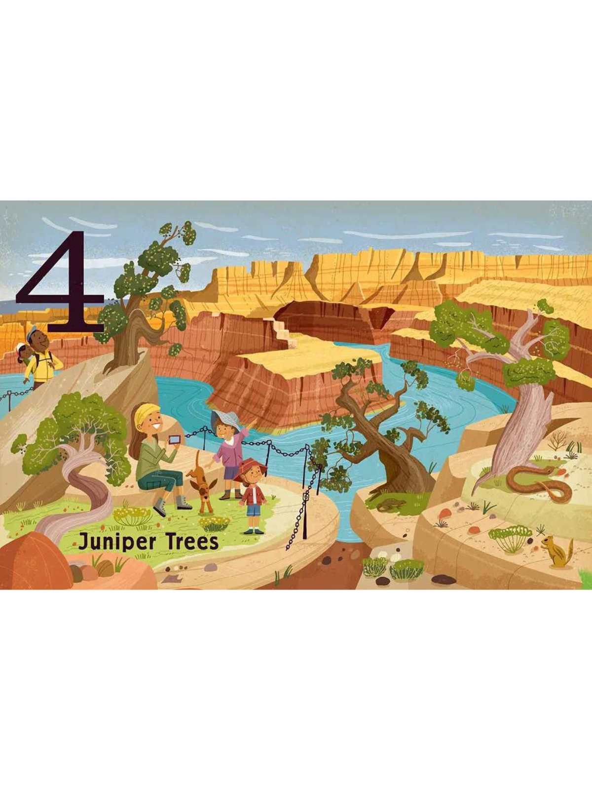 Illustration of a canyon with juniper trees, hikers, a child, a dog, and a river winding through colorful rock formations.
