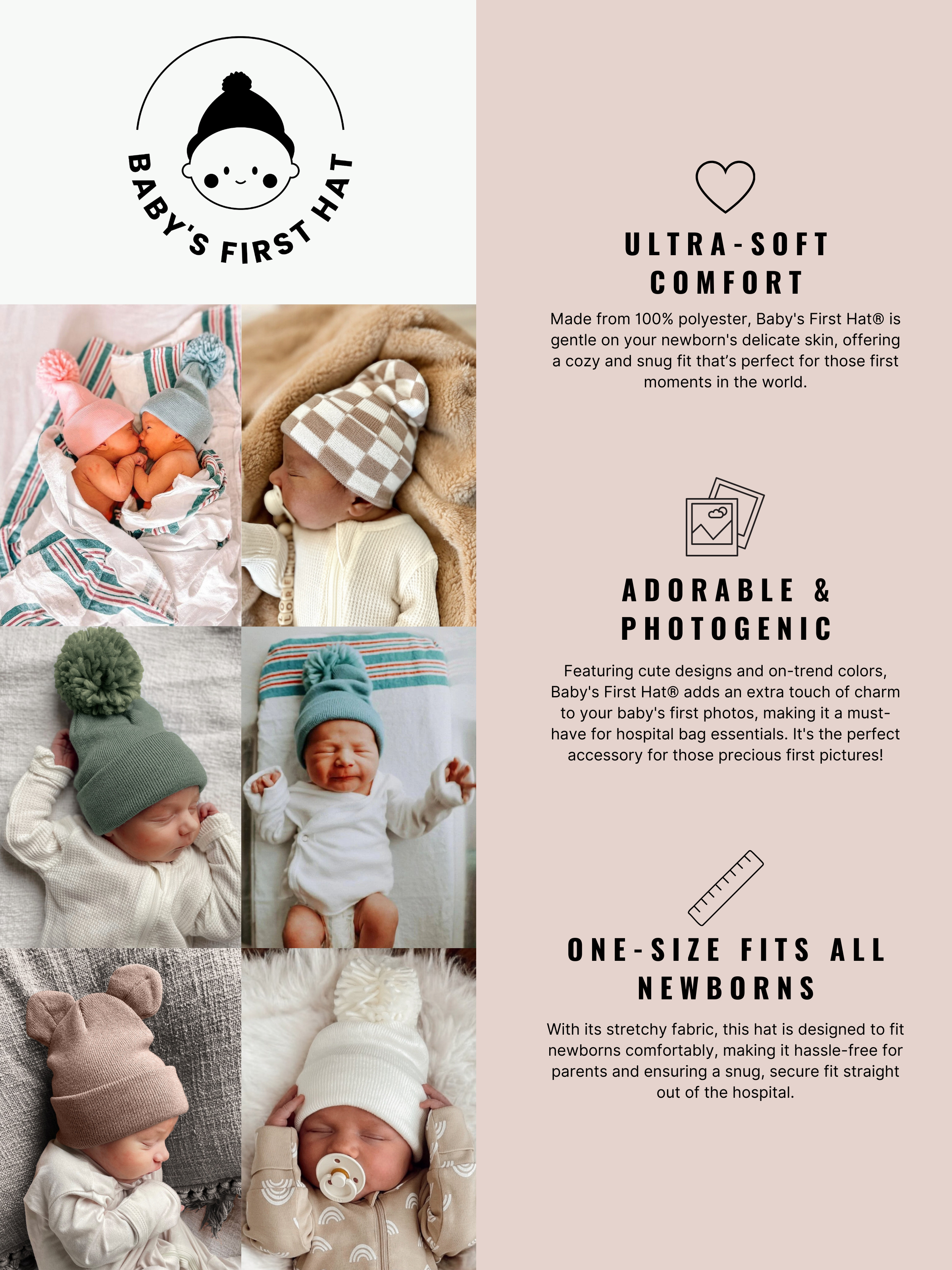 Collage of babies wearing various soft, stylish hats for newborns, showcasing comfort and photogenic charm.