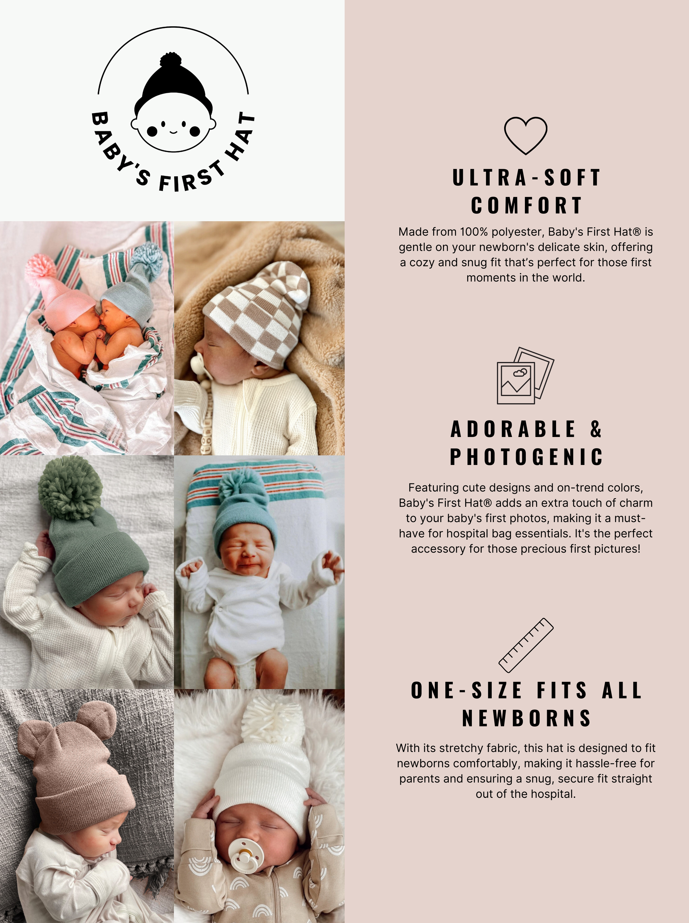 Collage of babies wearing various soft, stylish hats for newborns, showcasing comfort and photogenic charm.