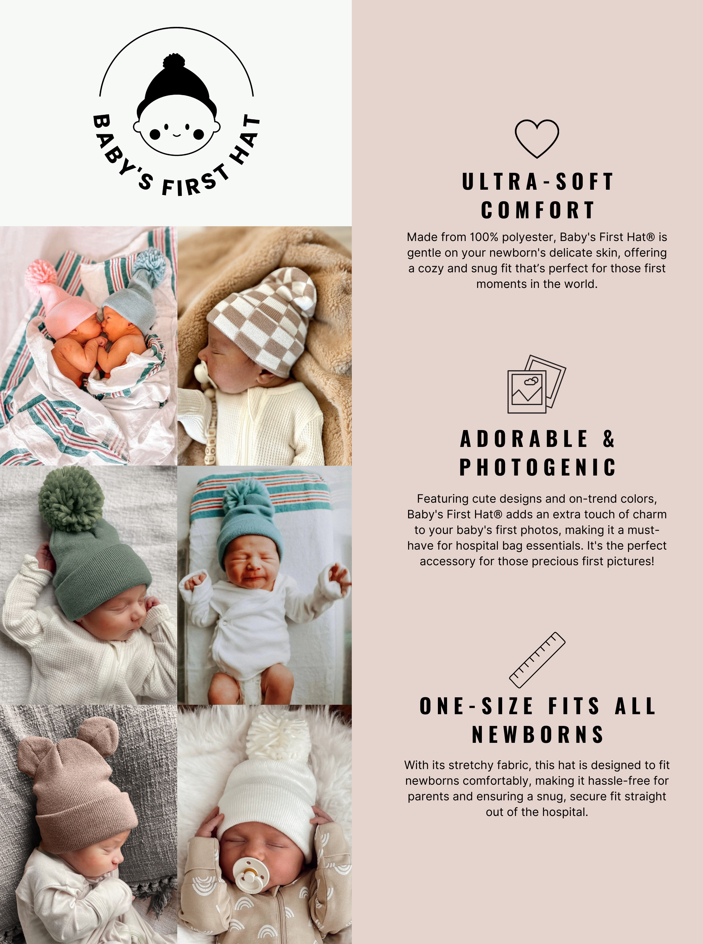 Collage of babies wearing various soft, stylish hats for newborns, showcasing comfort and photogenic charm.