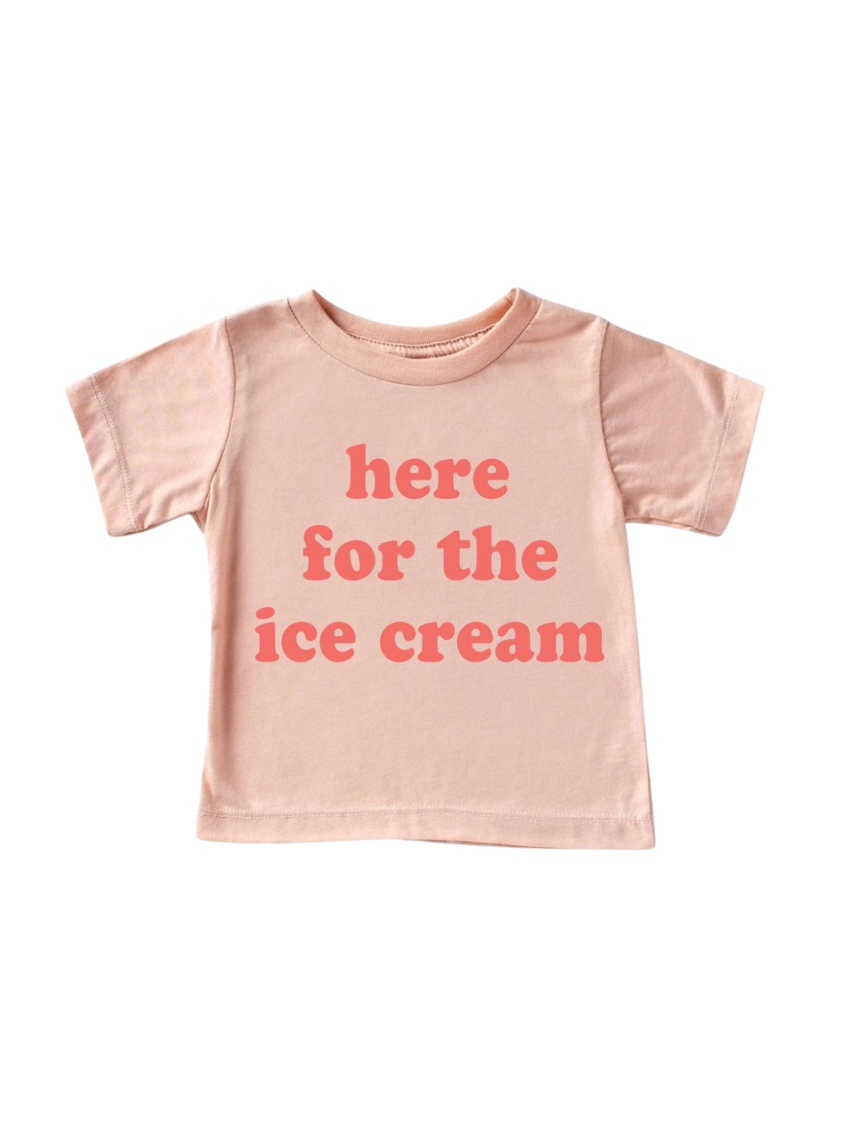 Pink kids' t-shirt with bold text that reads "here for the ice cream."
