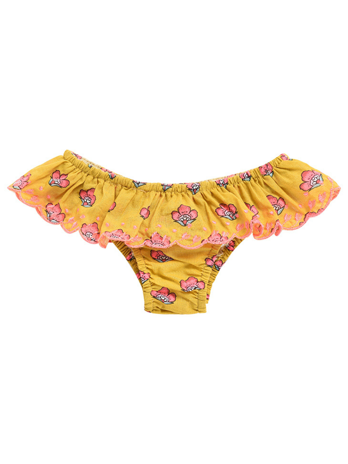 Yellow floral bikini bottom with ruffled edges and pink accents, perfect for summer beachwear.