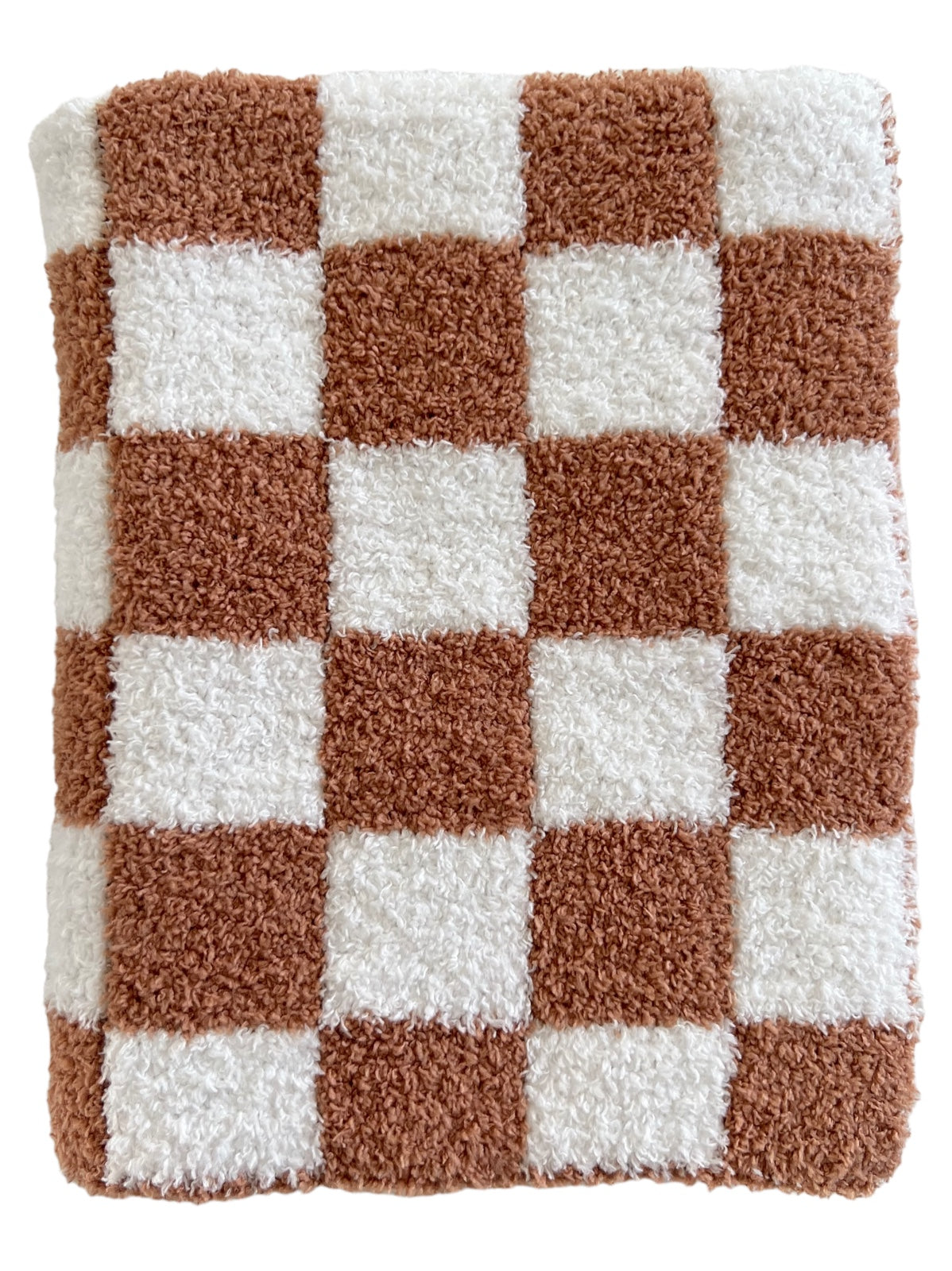 Brown and white checkered plush towel folded neatly.