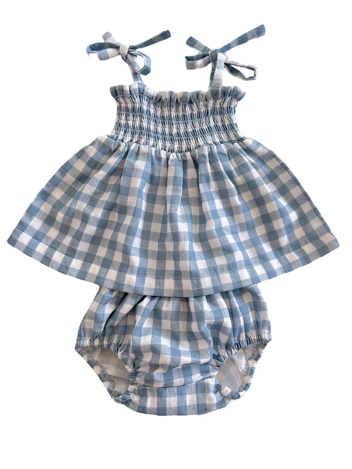 Blue and white checked toddler dress with matching bloomer shorts, featuring adjustable tie straps.