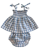 Blue and white checked toddler dress with matching bloomer shorts, featuring adjustable tie straps.