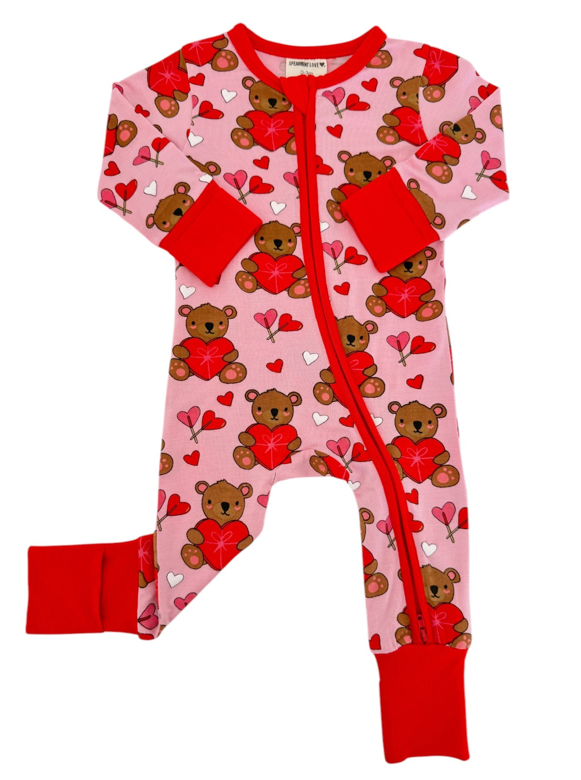 Red and pink toddler onesie with teddy bears and hearts pattern. Cute, festive design for children.