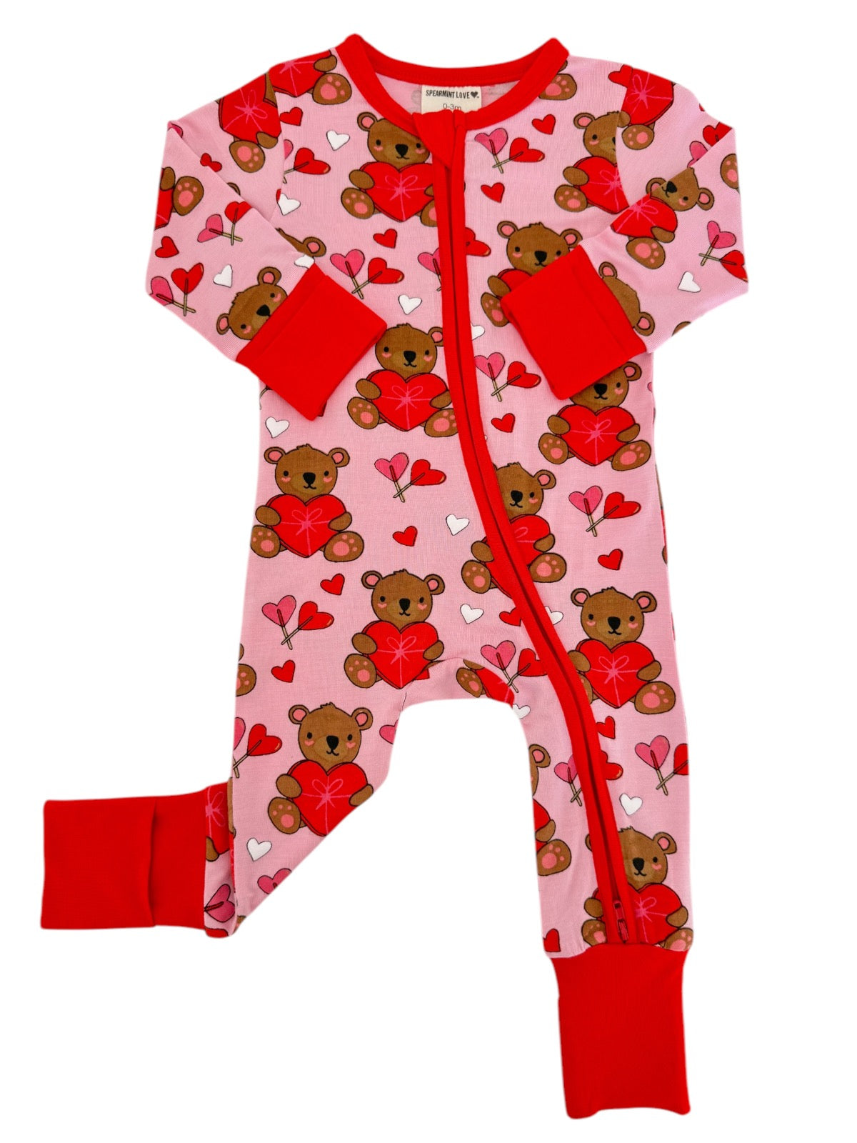 Red and pink toddler onesie with teddy bears and hearts pattern. Cute, festive design for children.