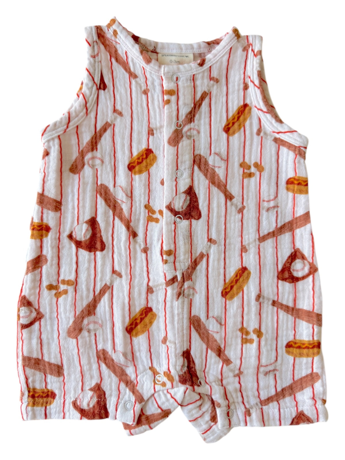 Baby romper with baseball and hot dog print on a white background, featuring a button closure.