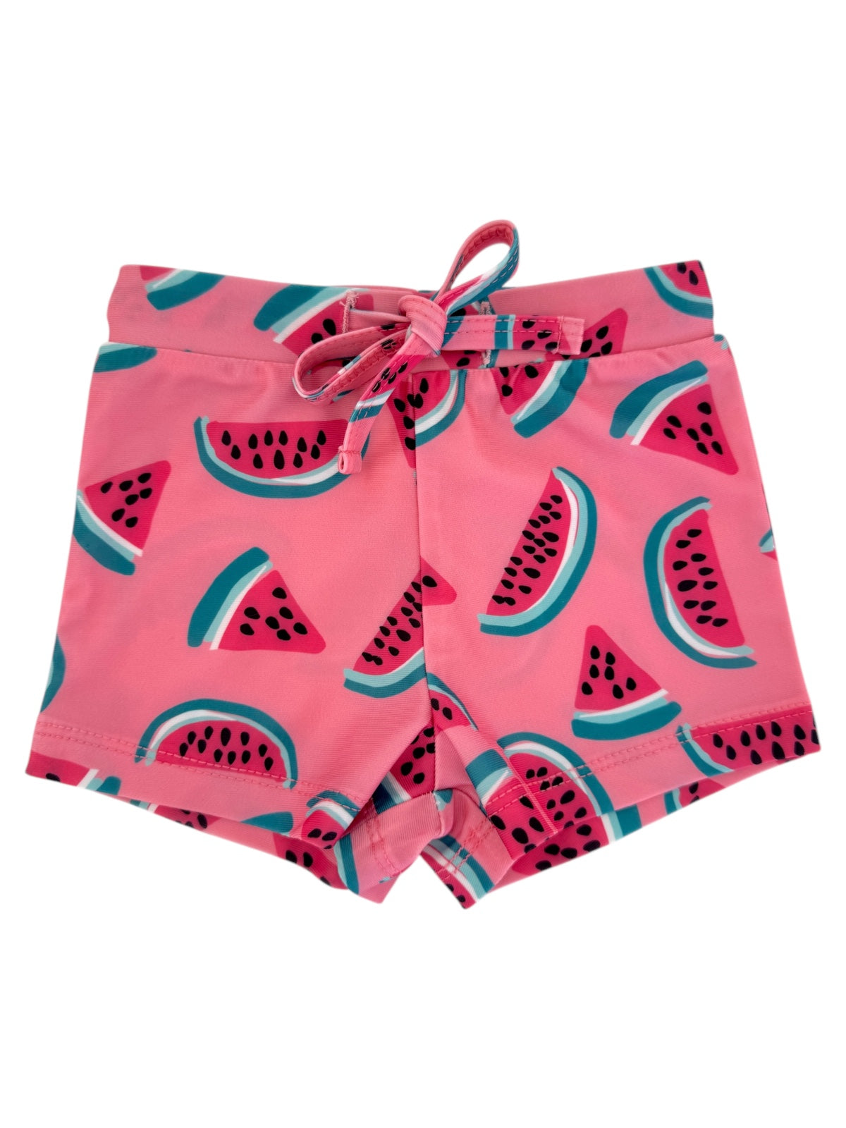 Pink swim shorts with a playful watermelon slice pattern and adjustable tie closure. Ideal for summer fun.