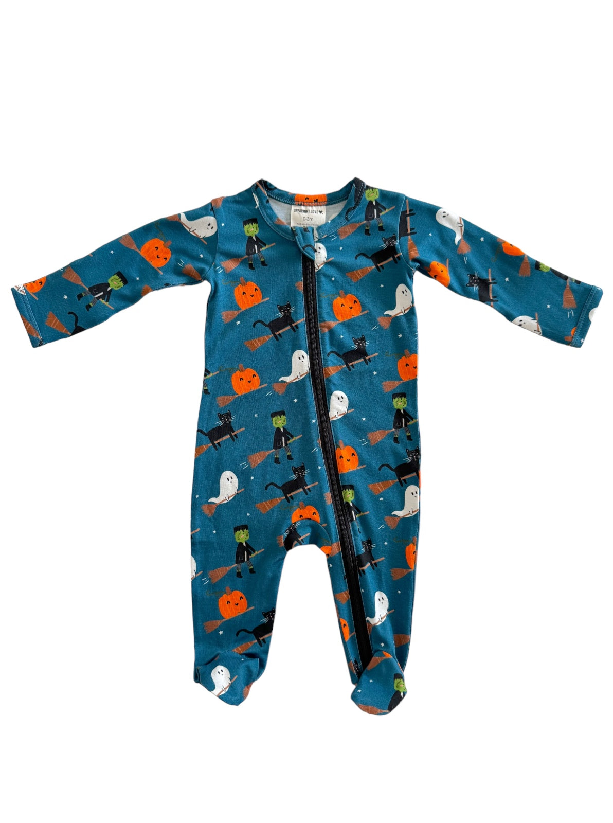 Children's Halloween-themed zip-up onesie with ghosts, pumpkins, and playful monsters on a teal background.