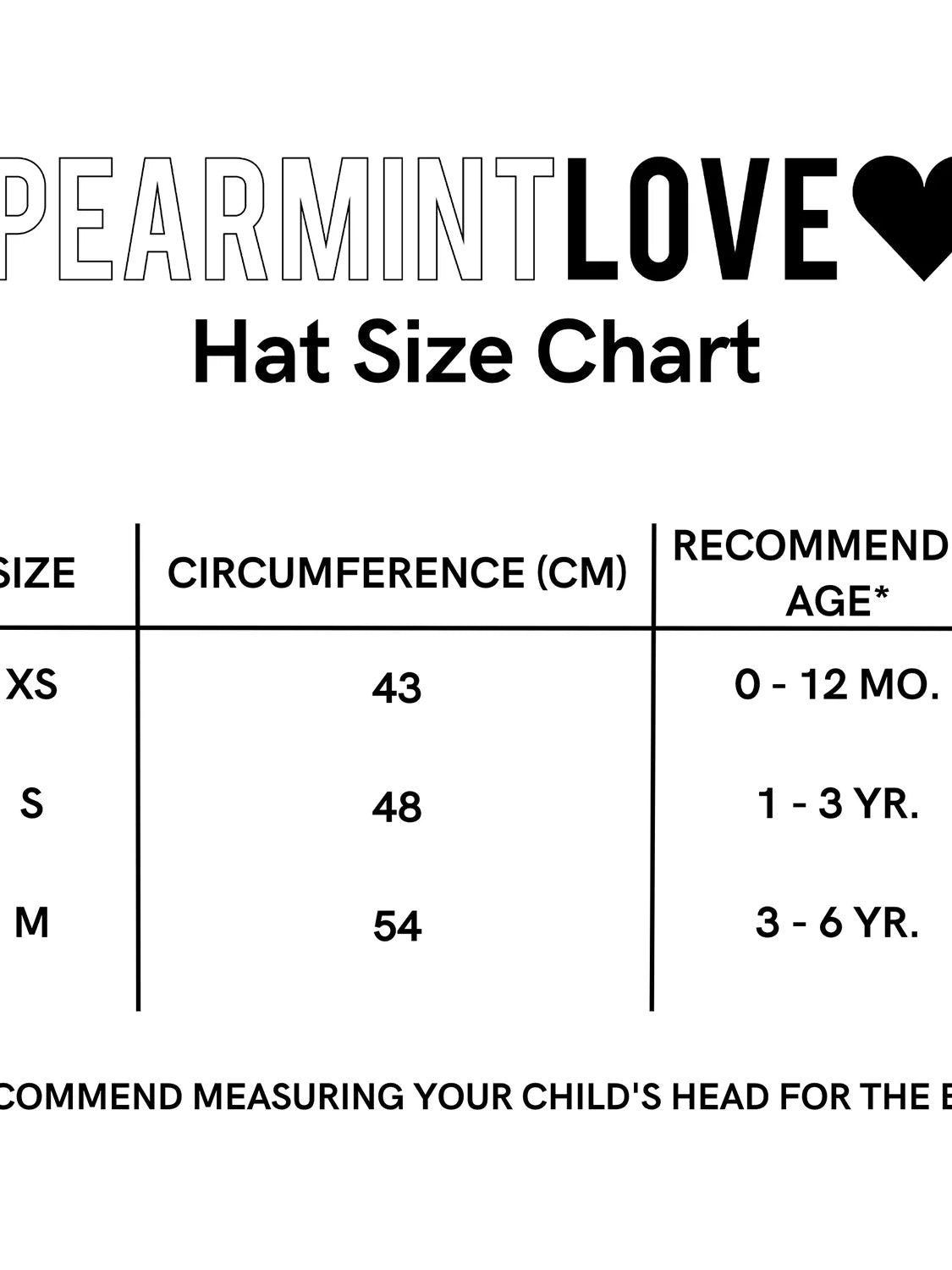 Hat size chart by SpearmintLOVE, detailing size, circumference, and recommended age for children's hats.